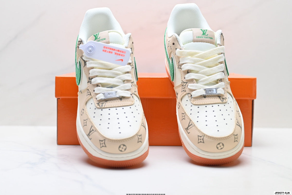 Nike Air Force 1 Low Beige Green Monogram Print Unisex Sneakers Style 12