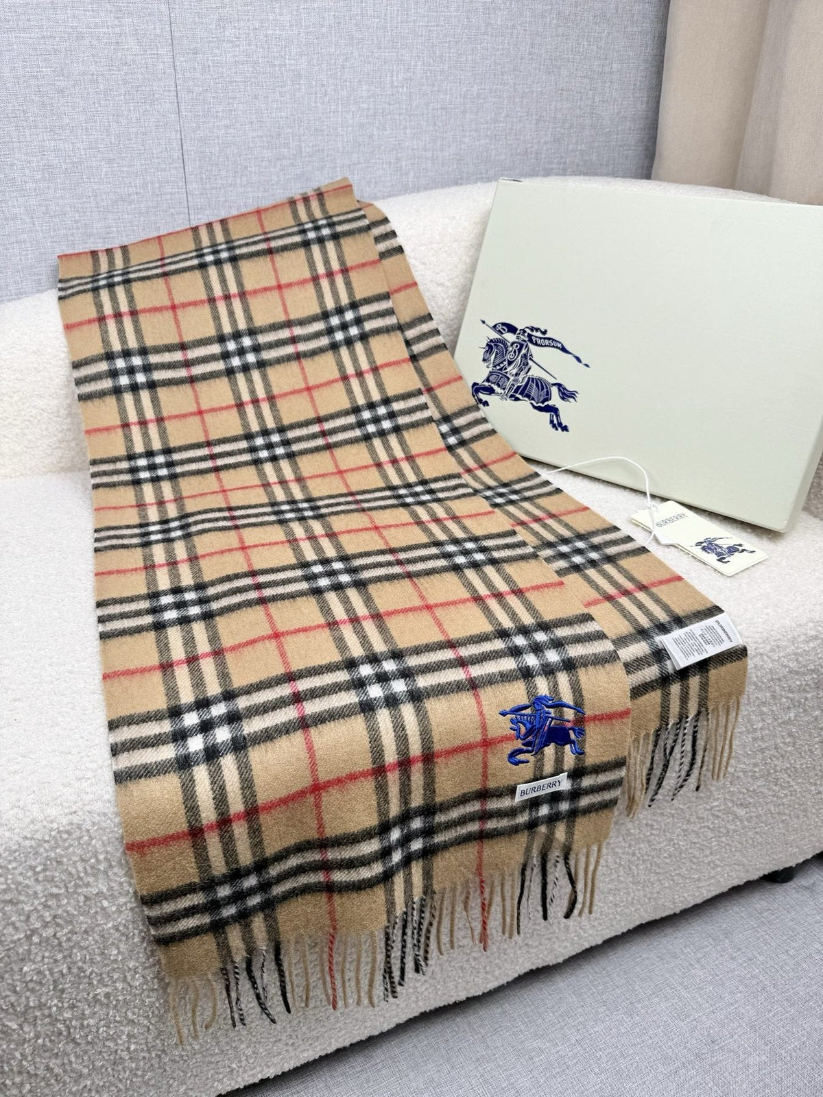 Burberry Beige Check Fringed Scarf