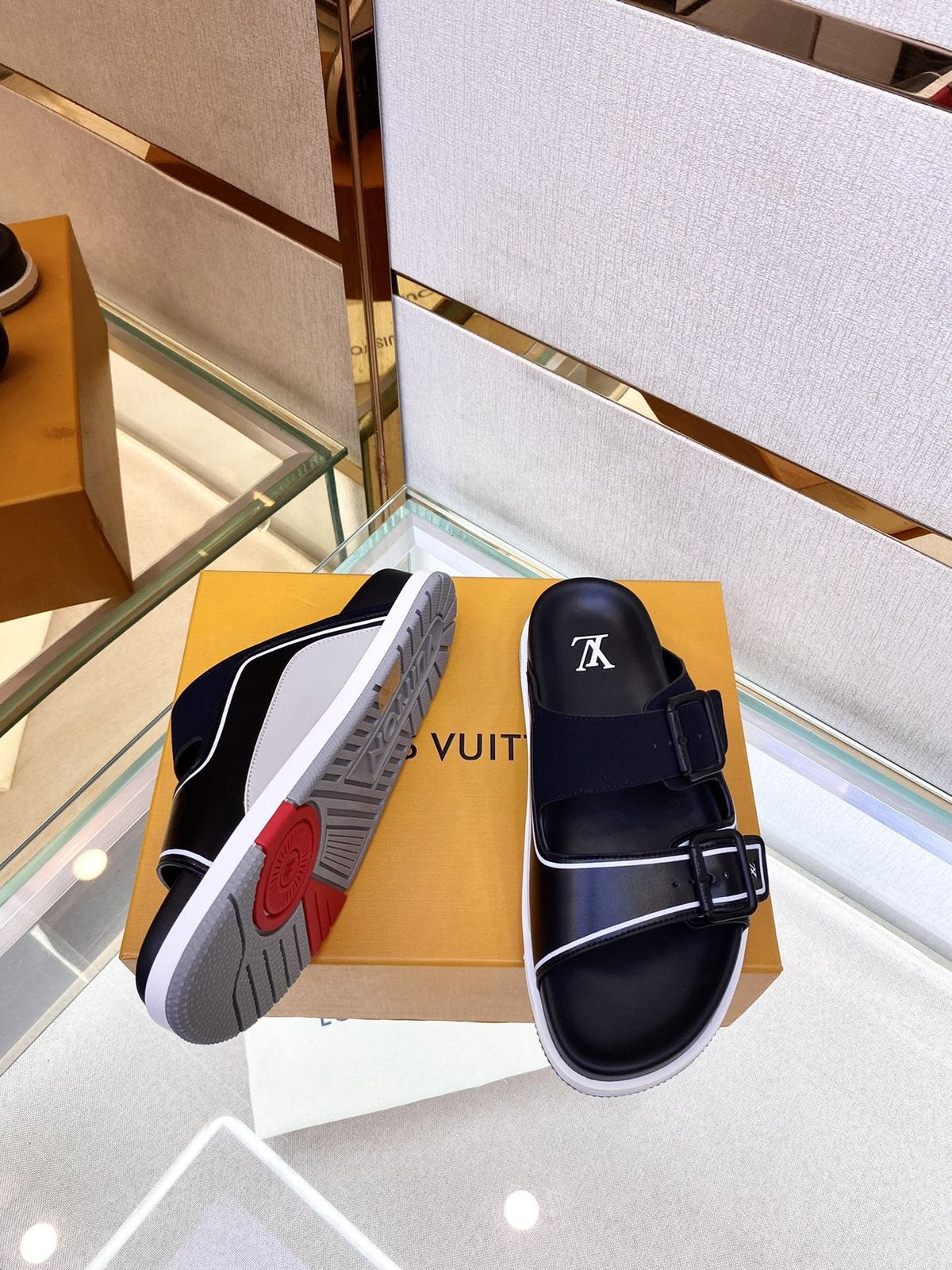 Louis Vuitton Black Two-Strap Slide Sandals